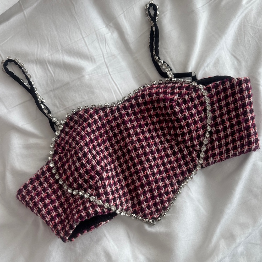 Main Strip Pink Tweed Bralette with Crystal Trim